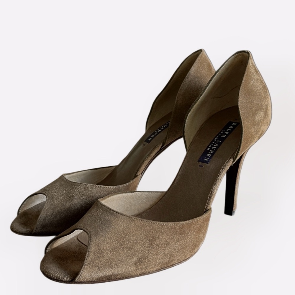 Ralph Lauren Purple Label Suede Brown Color Peep Toe Sexy Pumps Size 7 - Picture 4 of 17